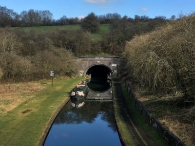 Panoramic view of the Netherton Tunnel with a moored narrowboat in front